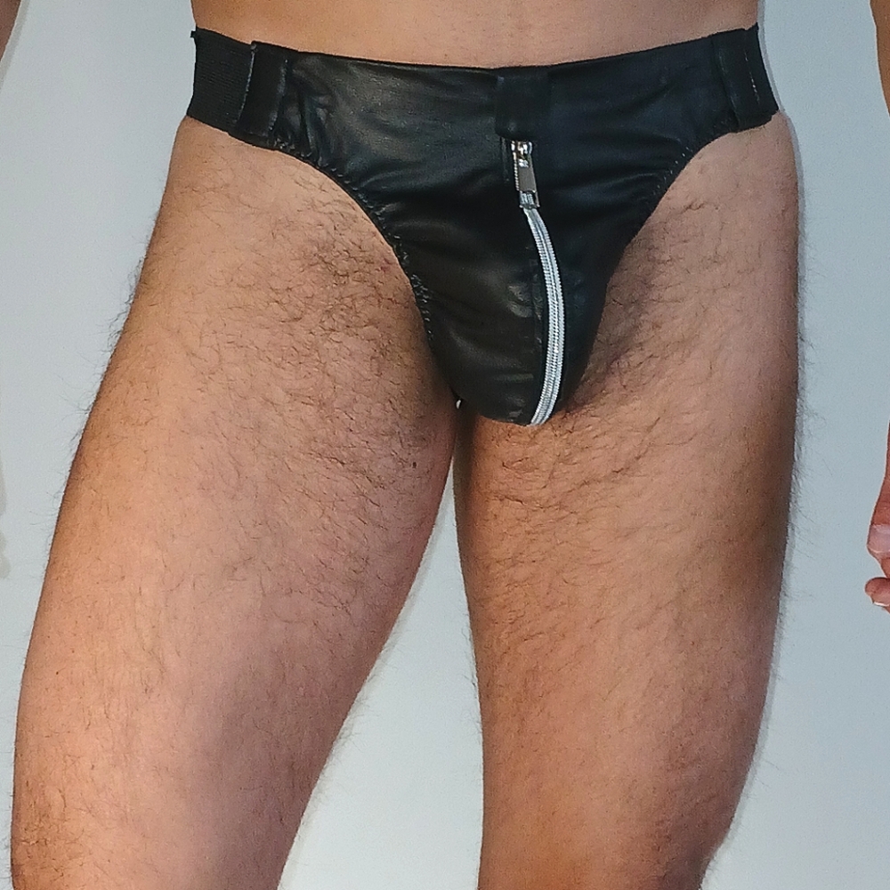 Men's Black Calf Leather Zipper Jockstrap